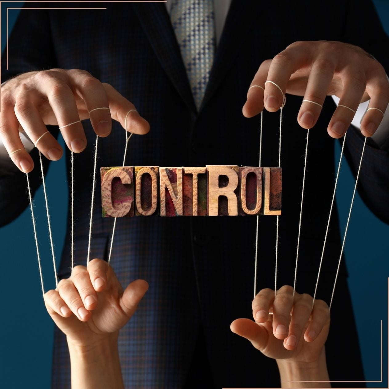 Control Mans hands with strings on fingers controlling woman's hands. Control.