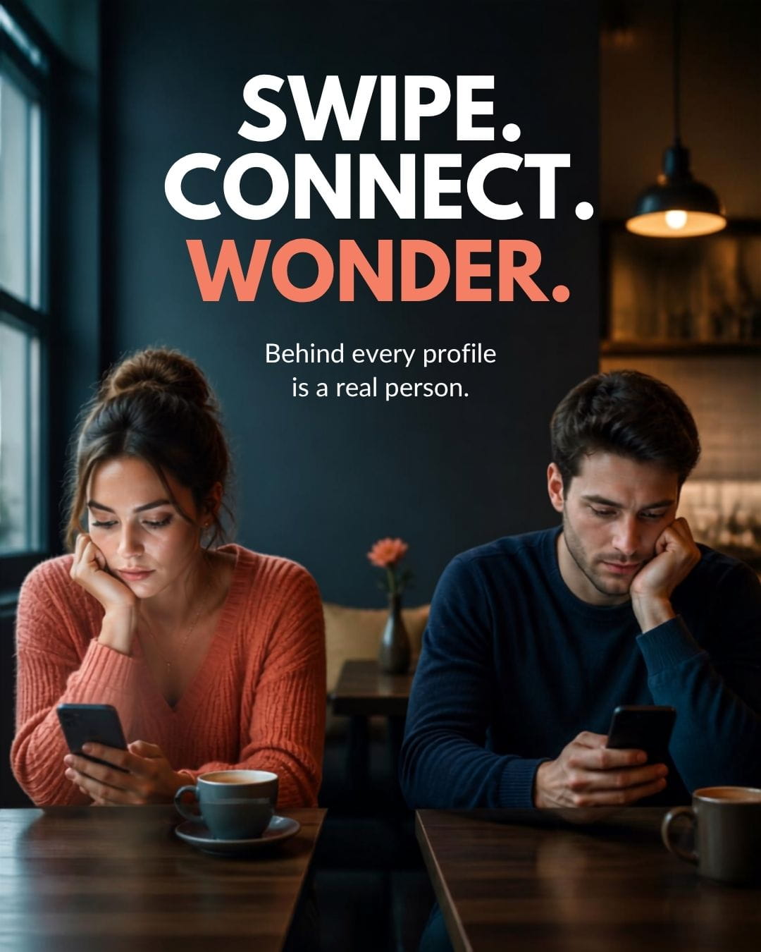 AI image of a man and woman sitting at a coffee shop watching their dating apps