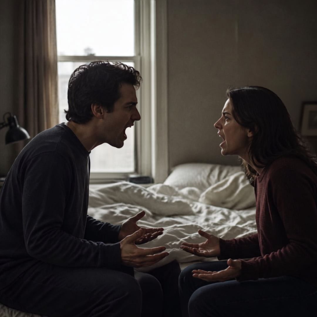 Difficult Conversations Couple arguing in front of na unmade bed. Difficult conversations.