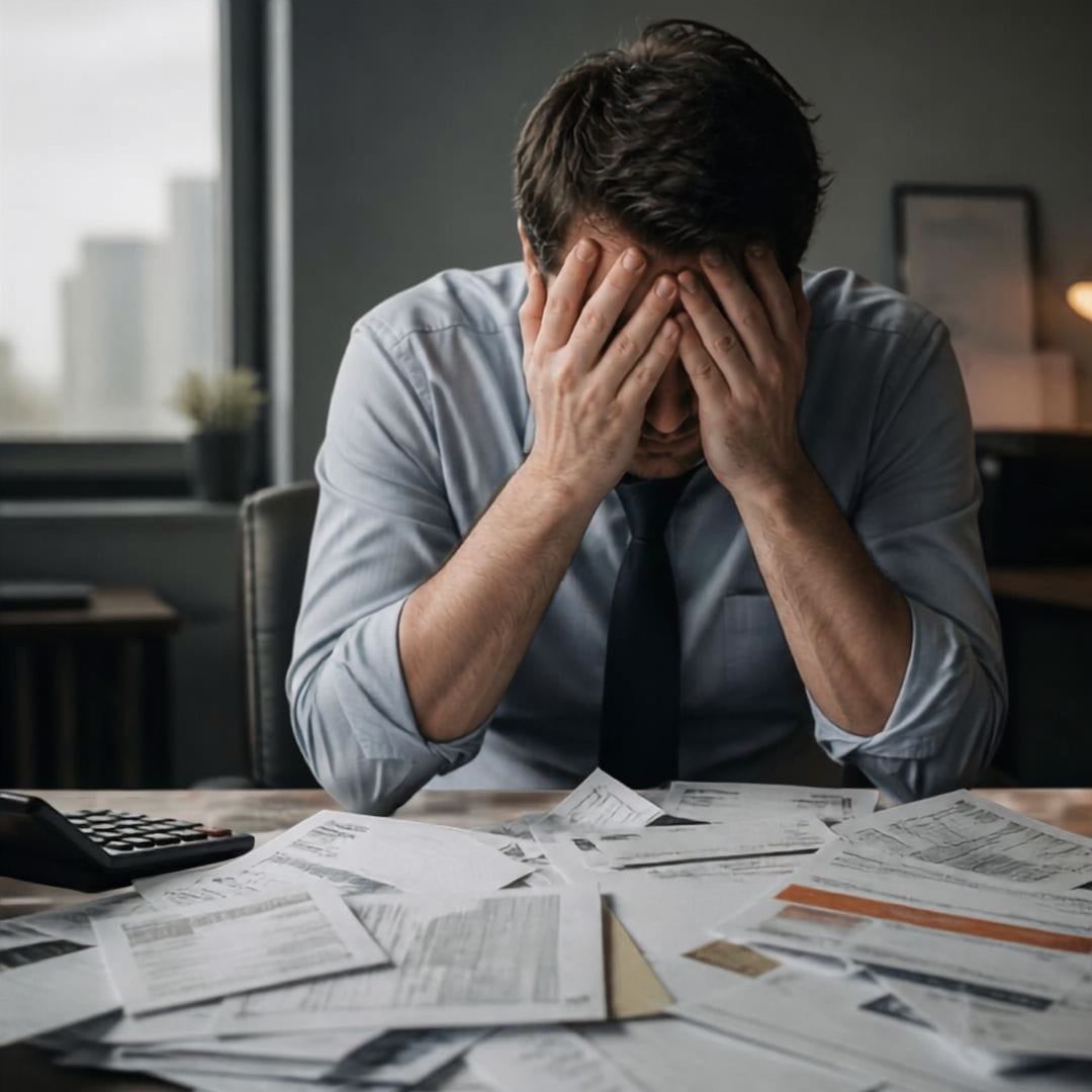 Upset man who made divorce financial mistakes paying bills.