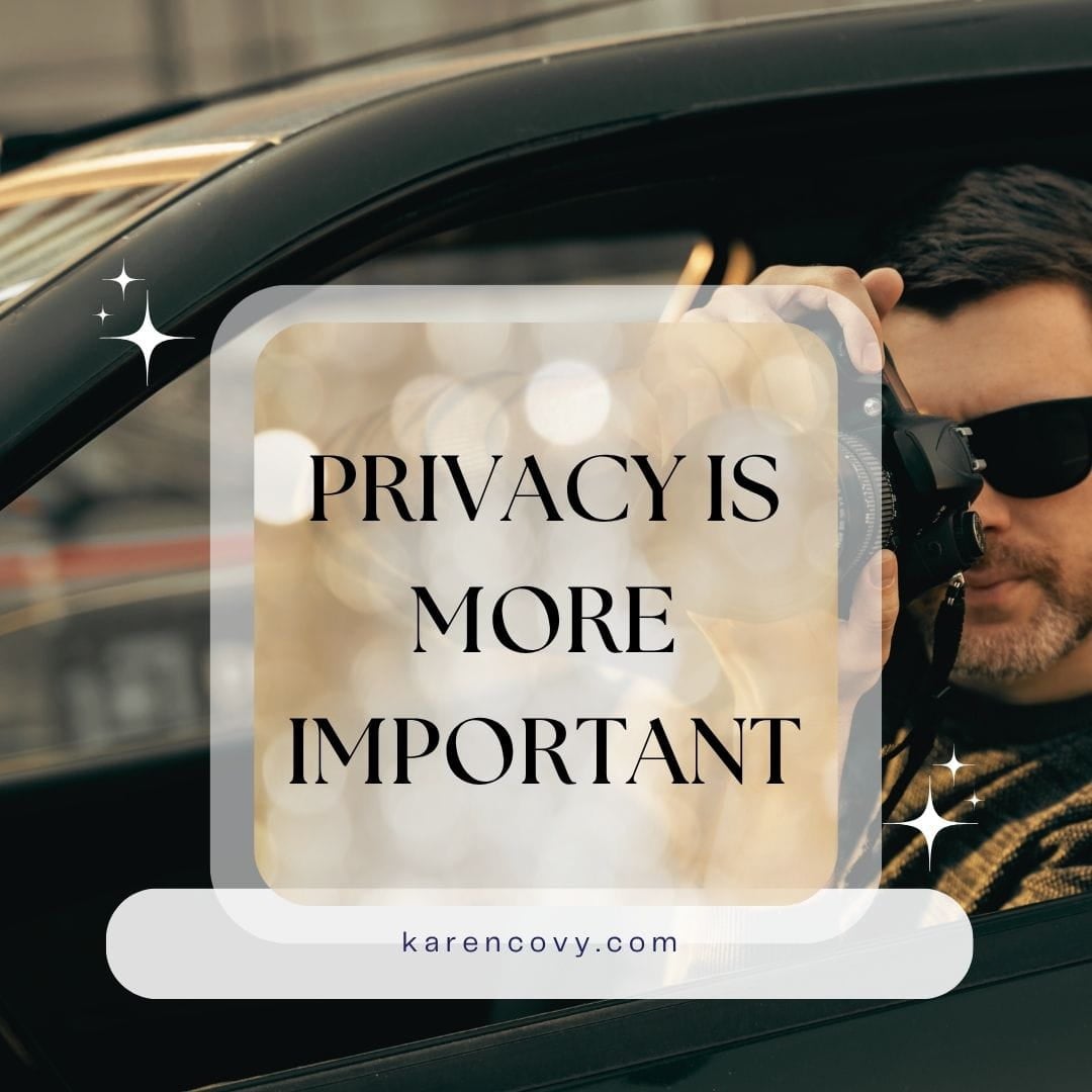 "Divorce proviacy is more imprtant." Words over paprazzi taking pictures in a sedan.