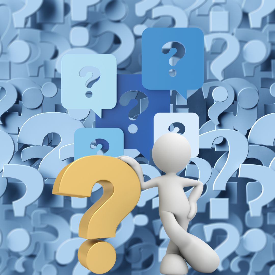 White figure leaning on a gold question mark in front of a background of blue question marks. Divorce questions