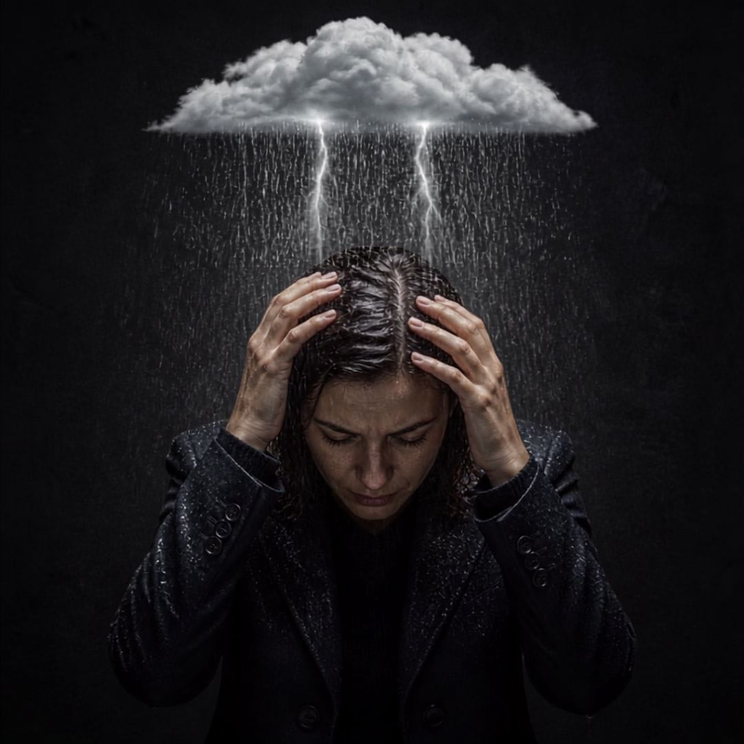 AI image of a woman holding her head while a storm cloud rains on her.