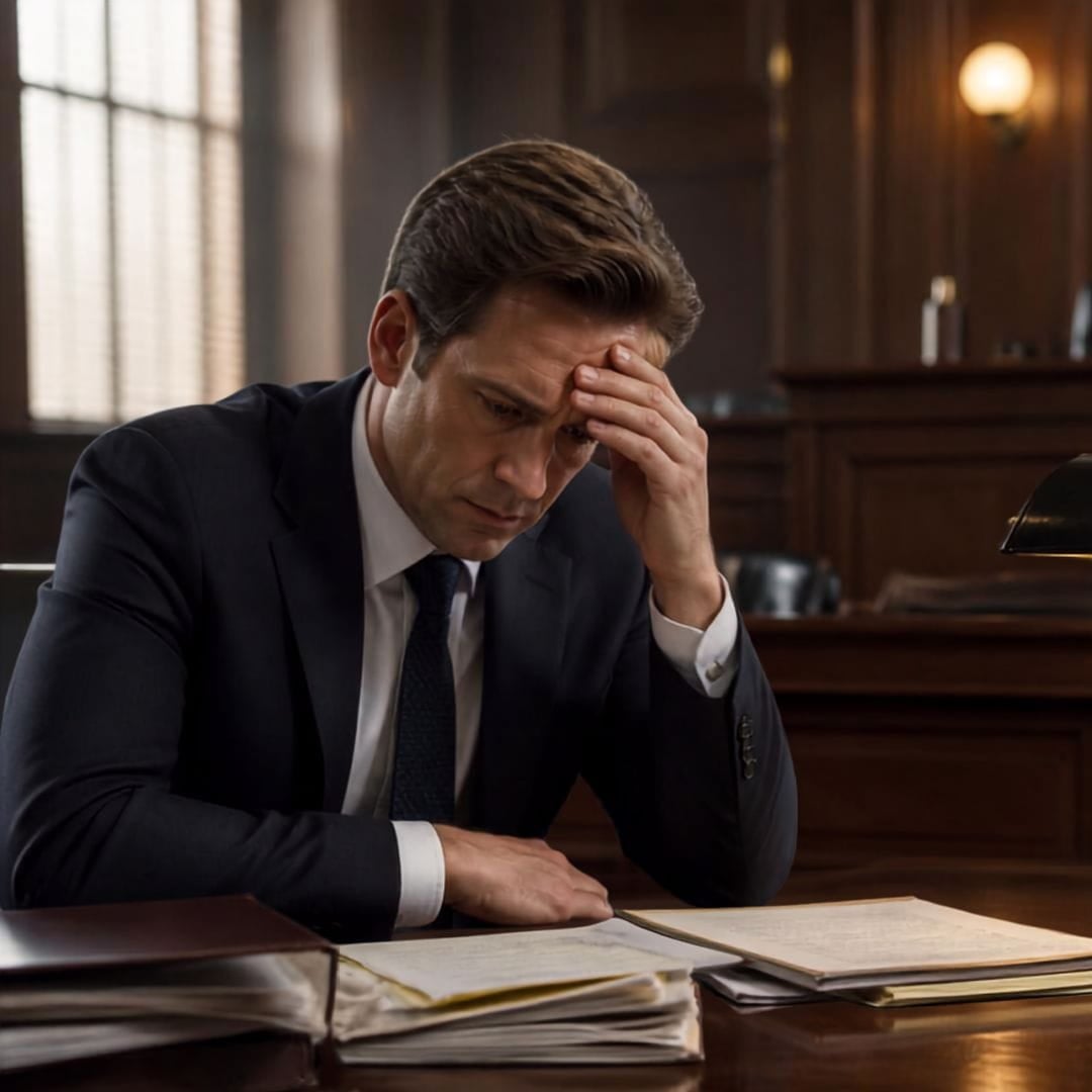 AI image of a stressed out man in divorce court.