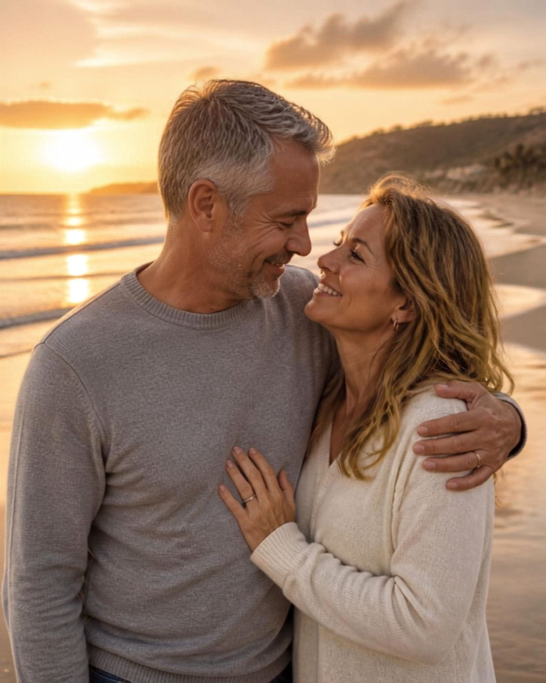 Finding Love AI image of a middle-aged couple in love on a beach.