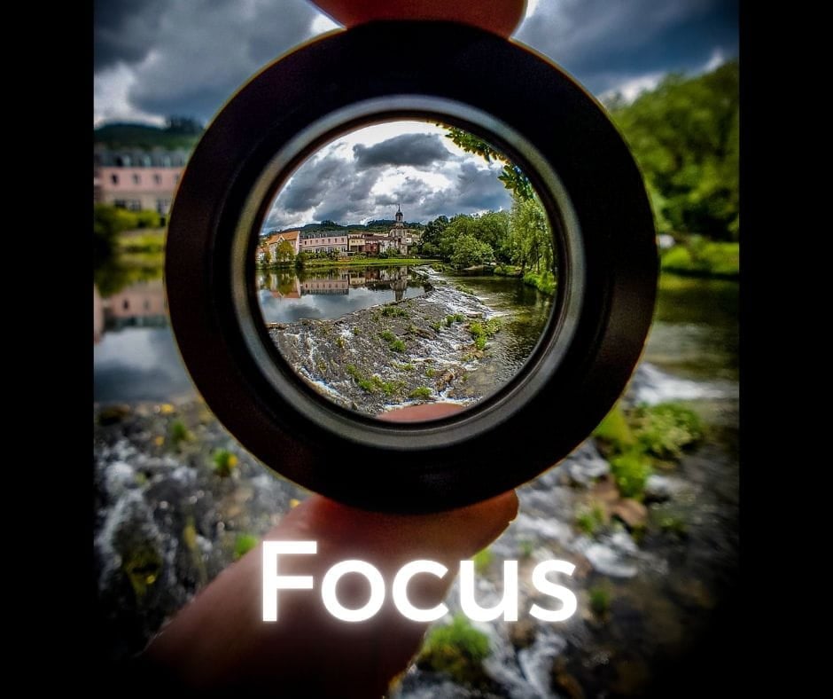 Camera lens focusing on a castle with the word "Focus" on it.