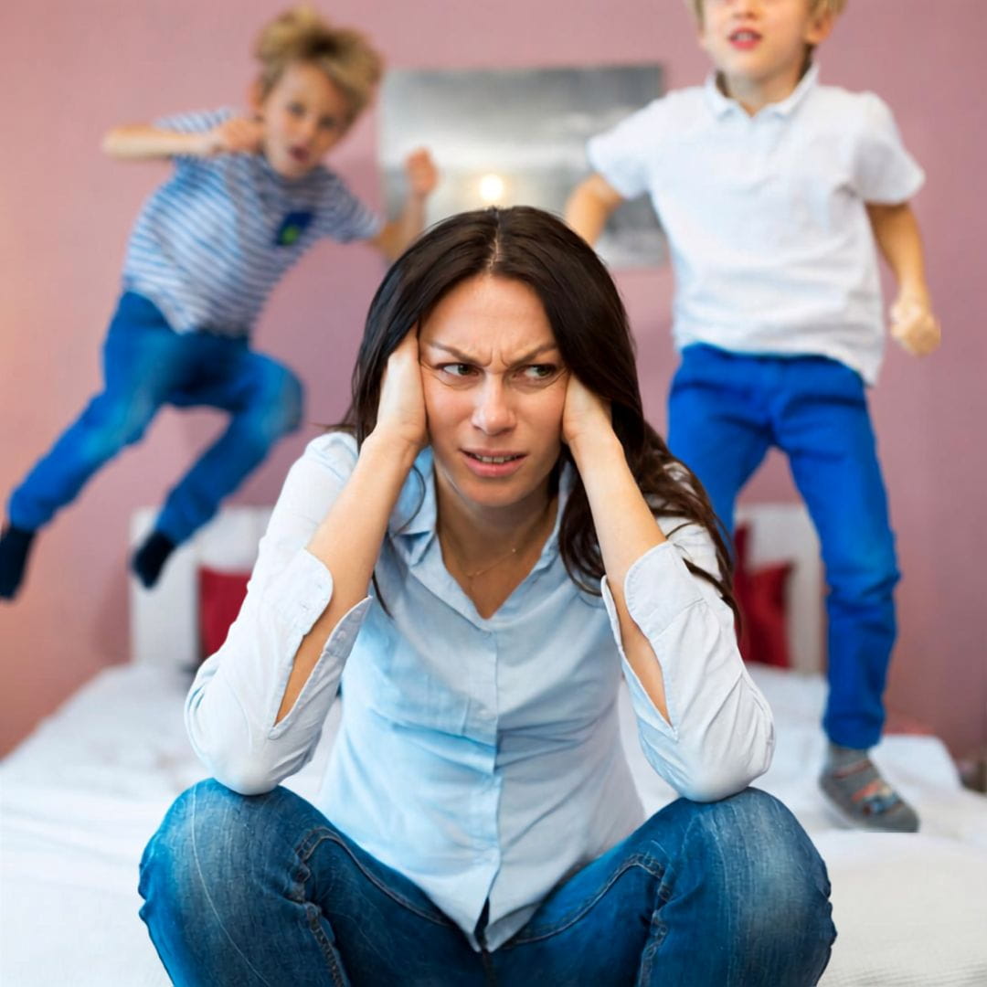 Frustrated mom with kids jumping on the bed behind her.