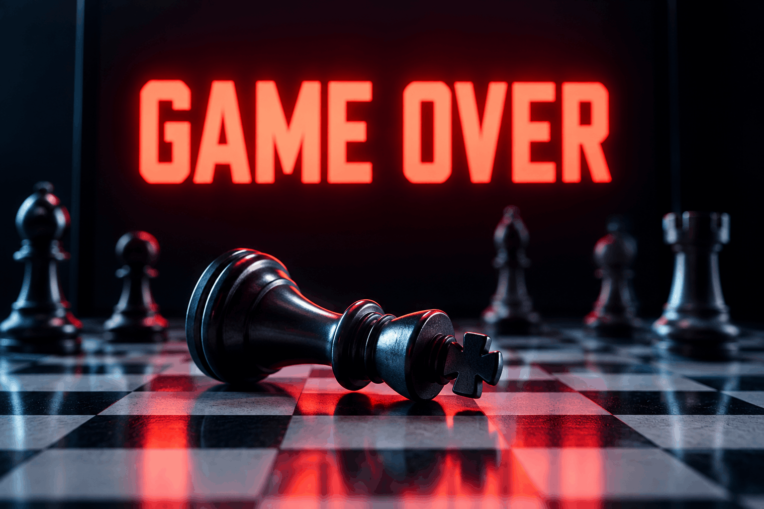 AI image of chessboard with fallen king and the words "Game Over."