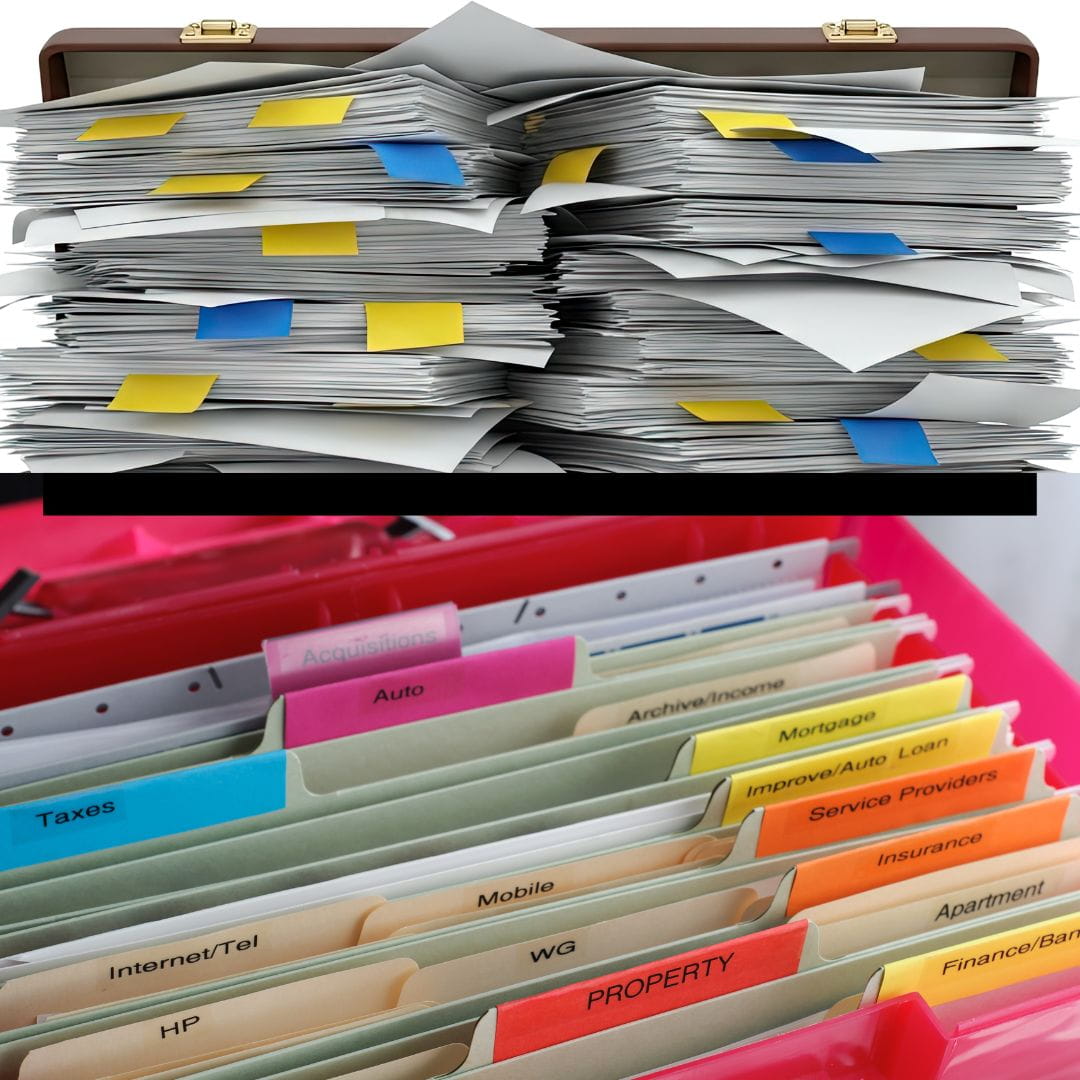 Get Organized Pile of disorganized documents on top of a file of organized documents.