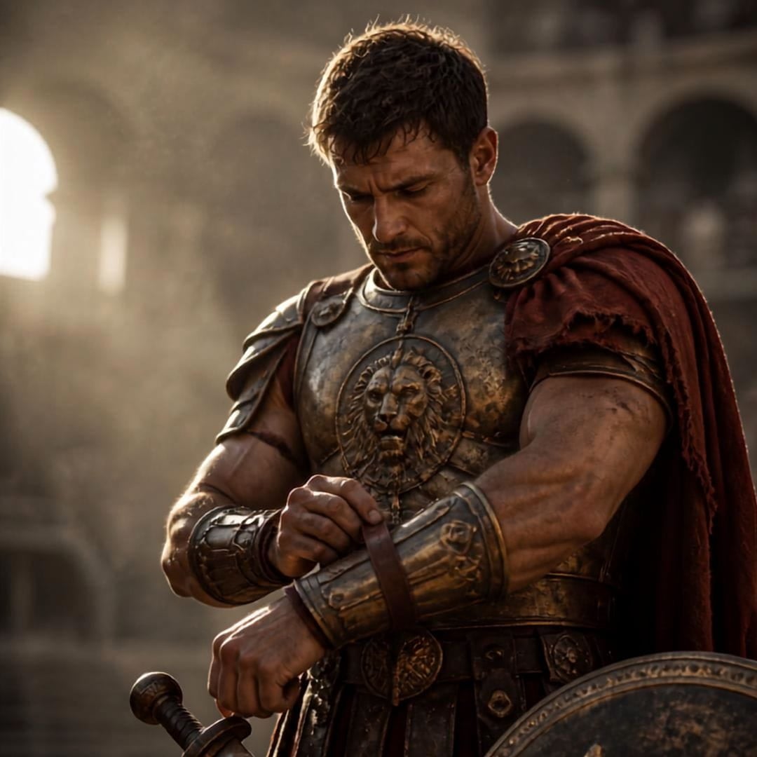 Gladiator AI image of a Roman Gladiator preparing for battle.