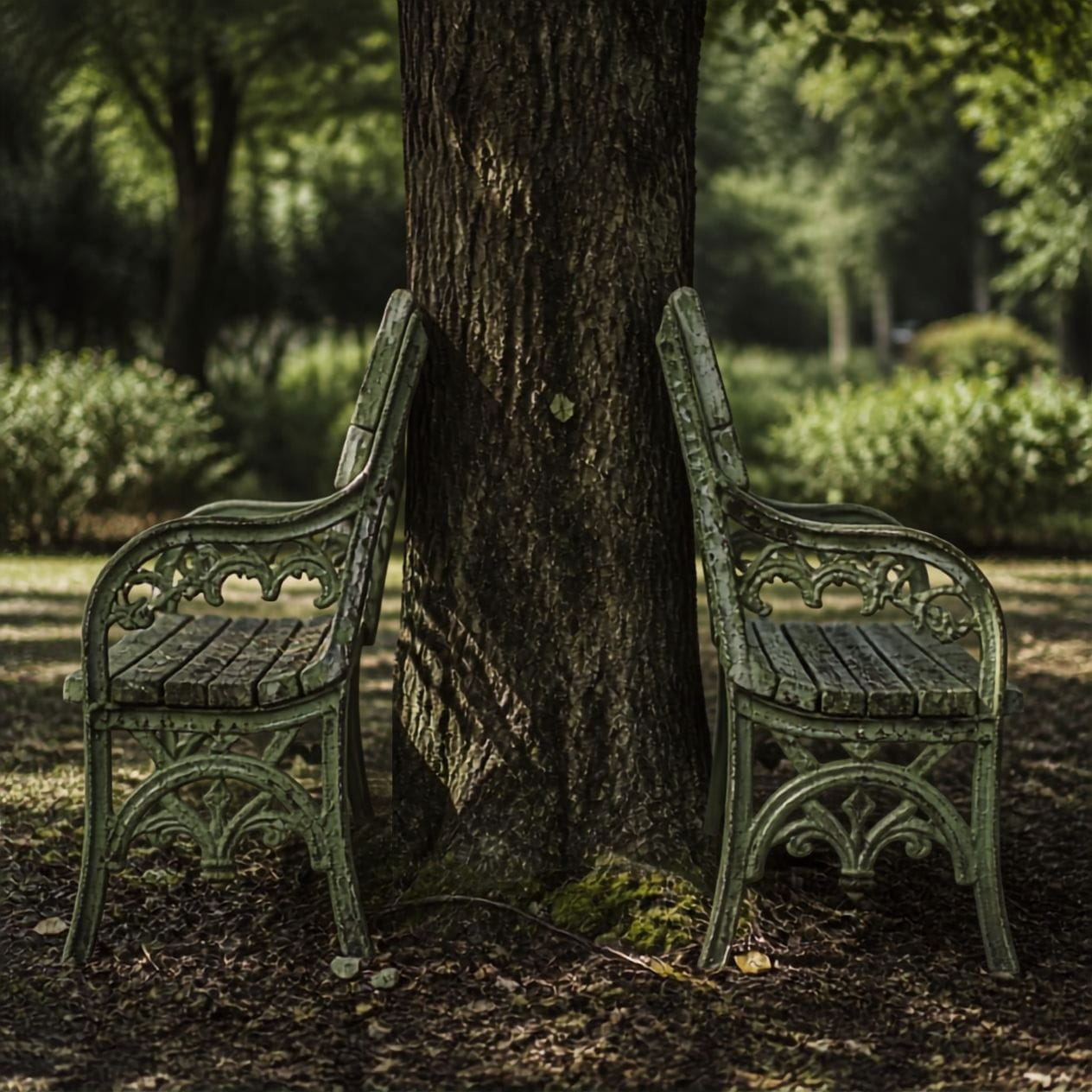 Two old oempty park benches facing away from each other signifying gray divorce.