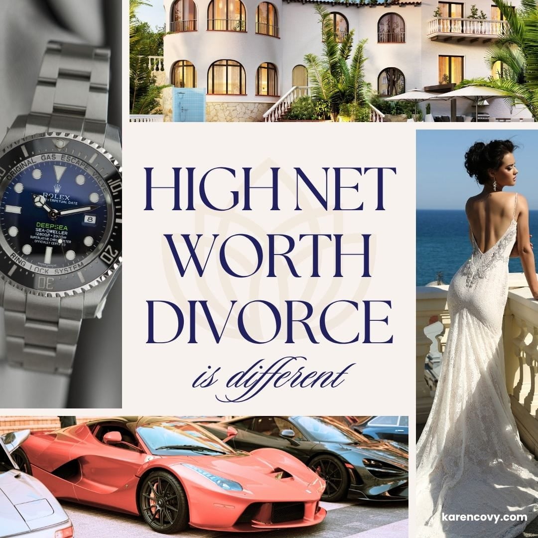 Conglomeration of pictures symbolizing rich people with the text "High net worth divorce is different."