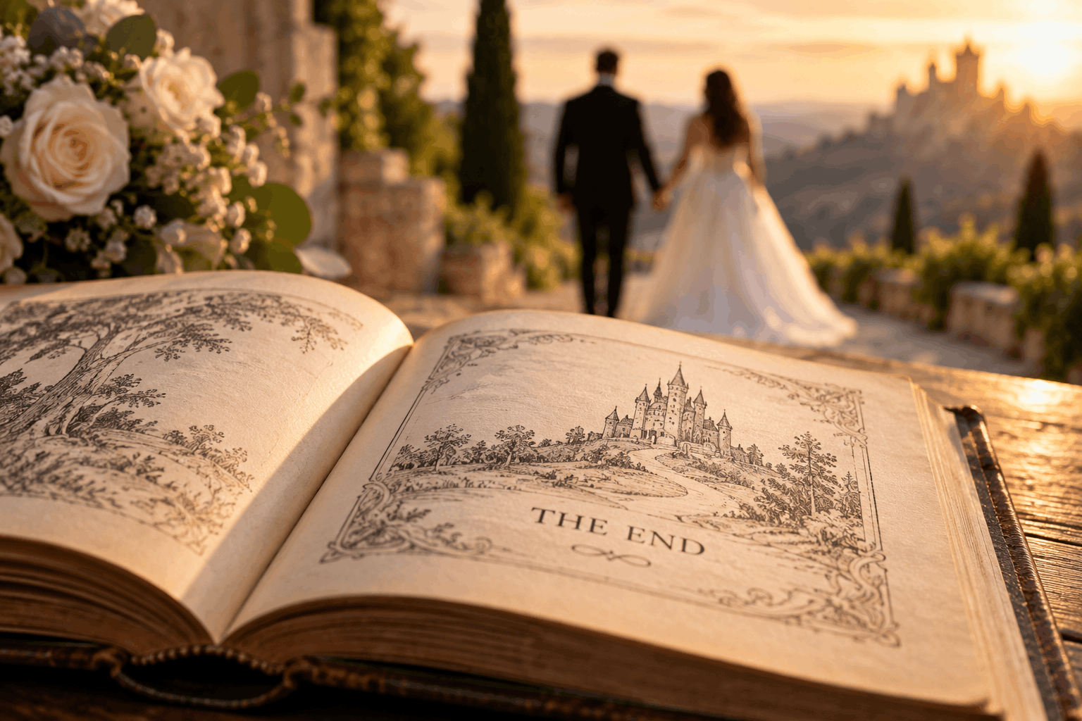 AI image of a bride and groom walking into the sunset with the last page of a book saying "The End" in front of them. Happily Ever After.