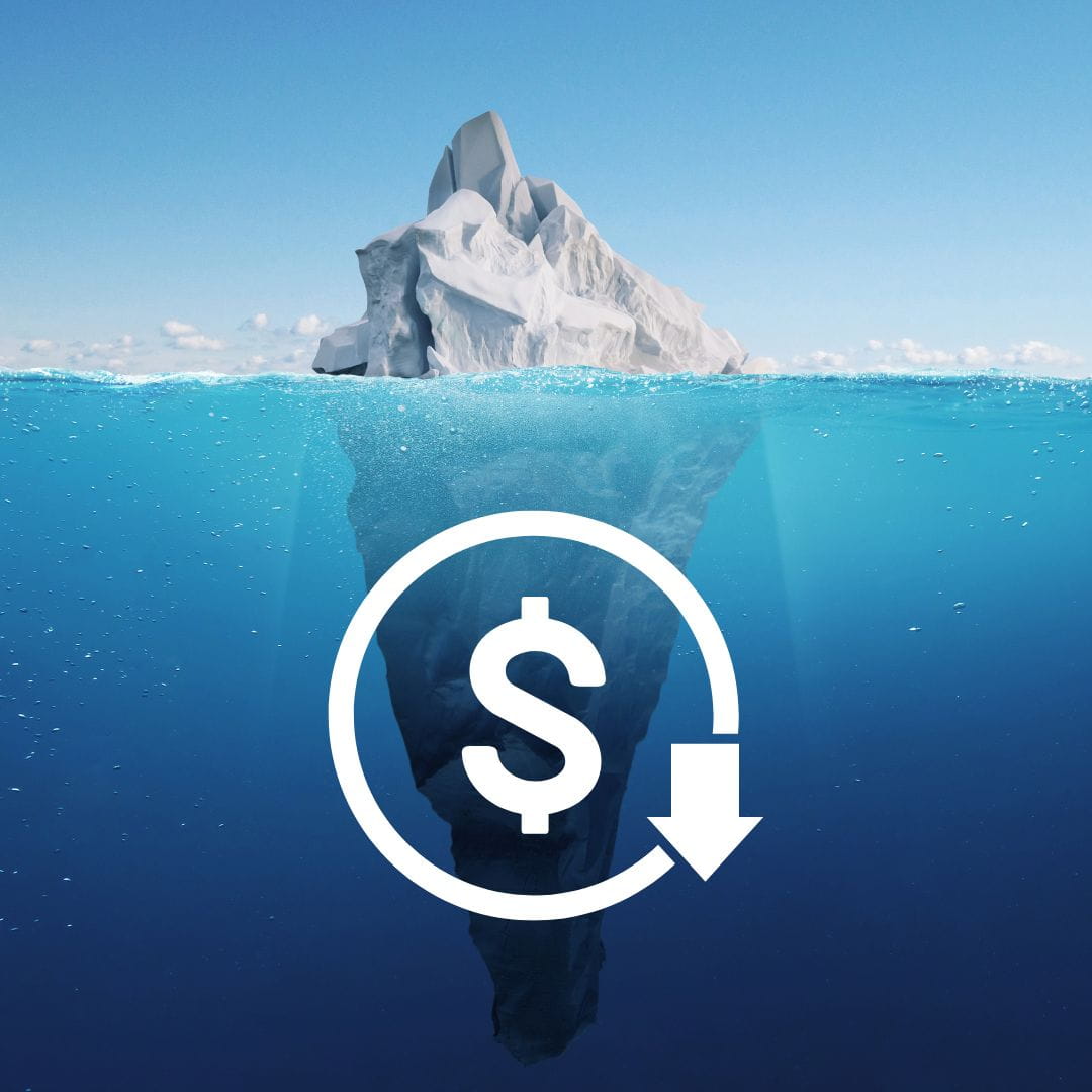 Hidden Costs Iceberg with a dollar sign under the sea. Big hidden costs of divorce.