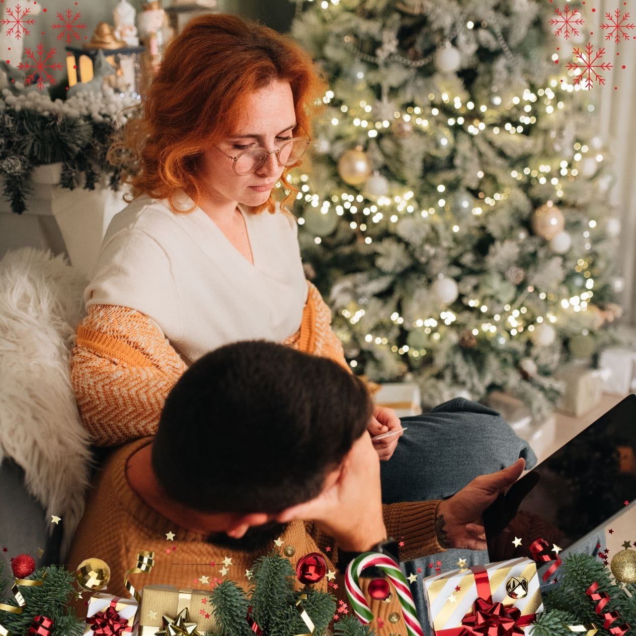 Upset couple embroiled in holiday drama in front of a Christmas Tree