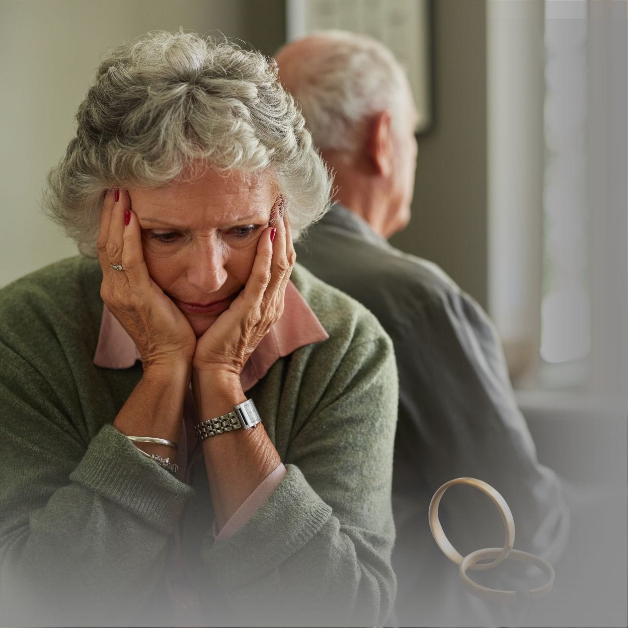 Upset older couple facing a gray divorce.