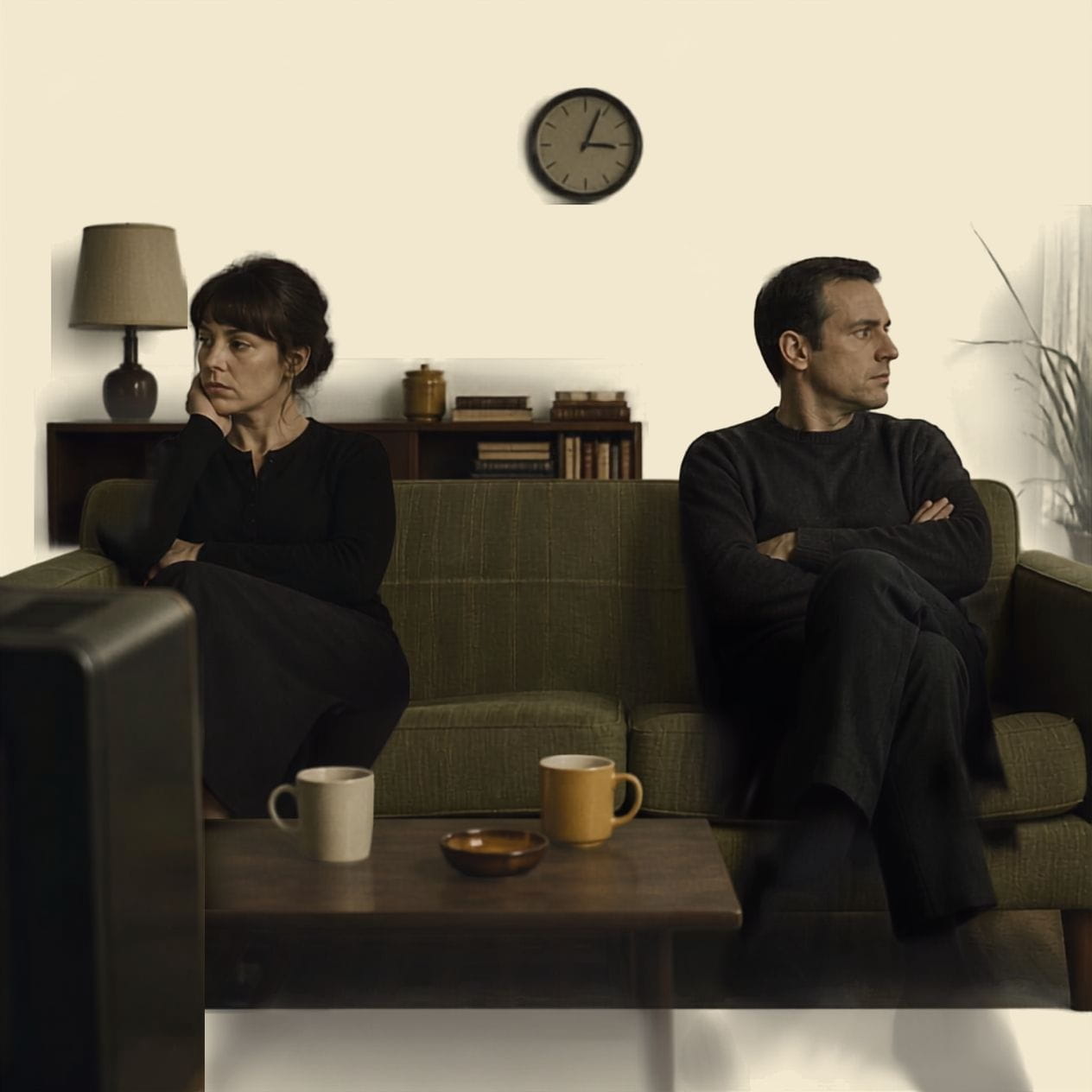 AI generated image of an unhappy couple on a couch facing away from each other.