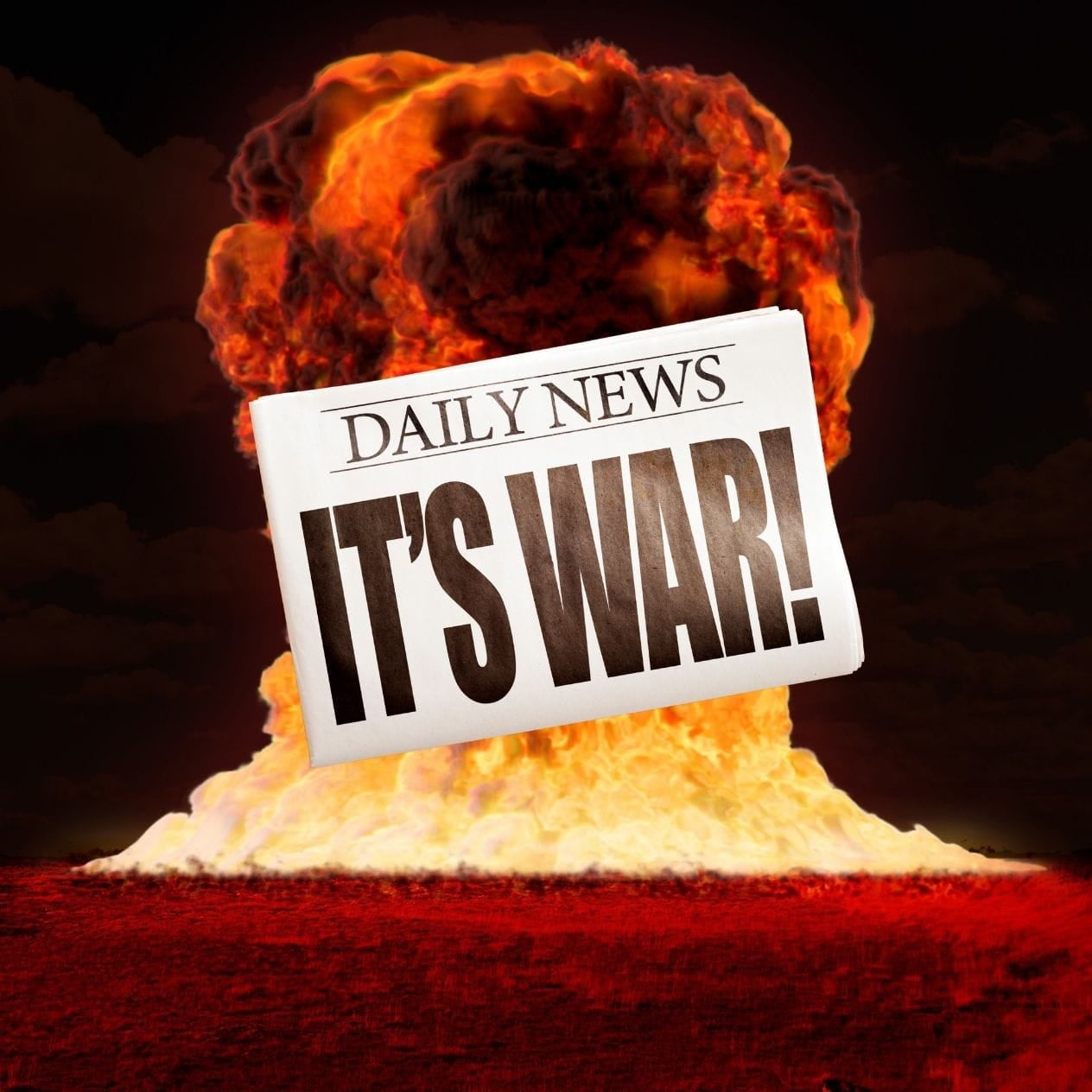 Explosion with newspaper headlines over it declaring: It's War!