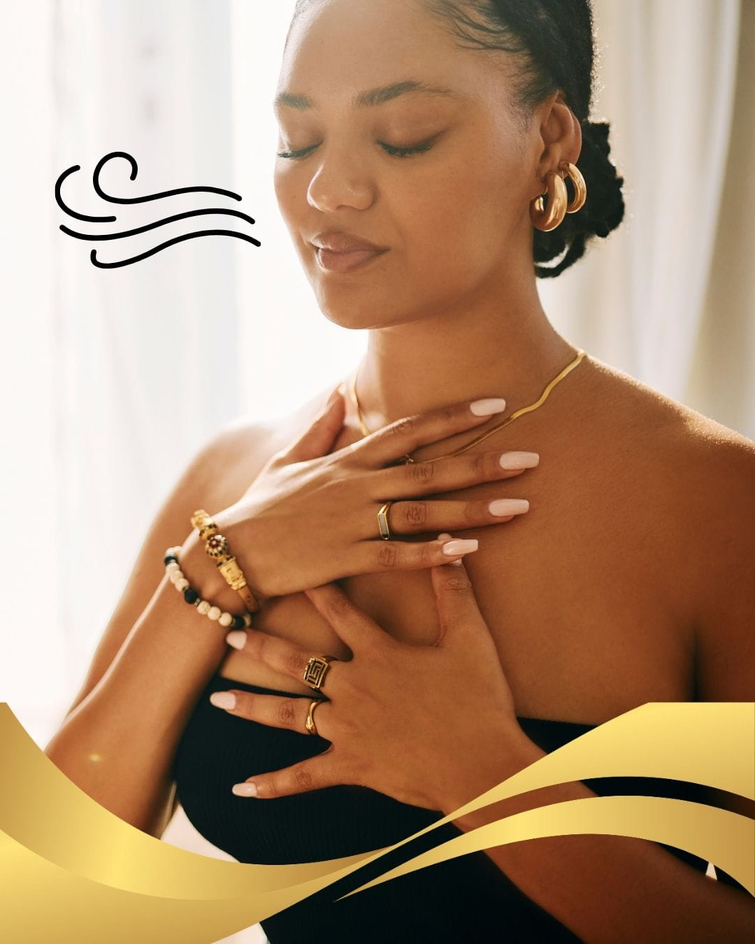 Just Breathe Beautiful wealthy African AMerican woman holding her chest and breathing.