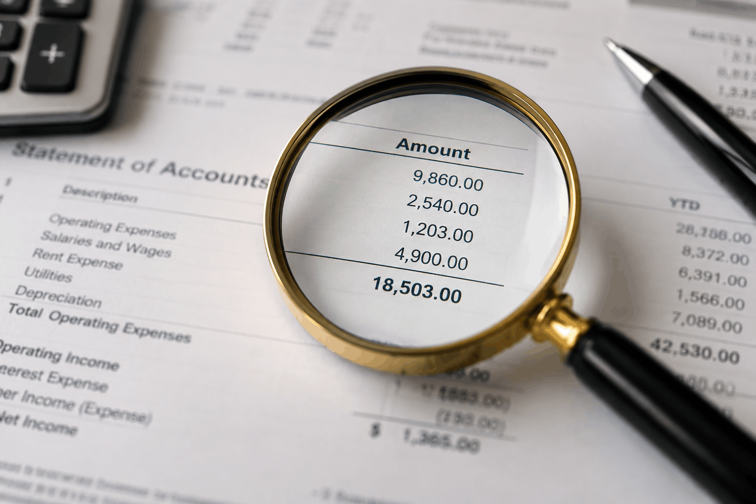 Magnifying glass on a spread sheet signifying, Know your facts.