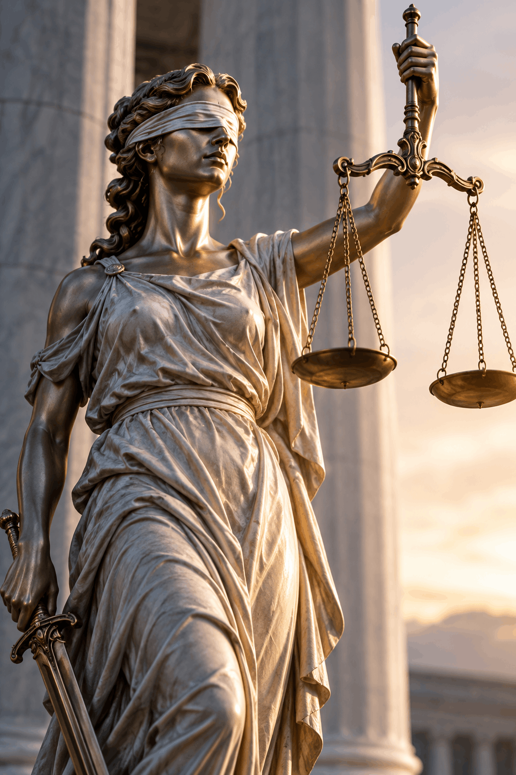 AI image of a golden statue of lady justice holding scales