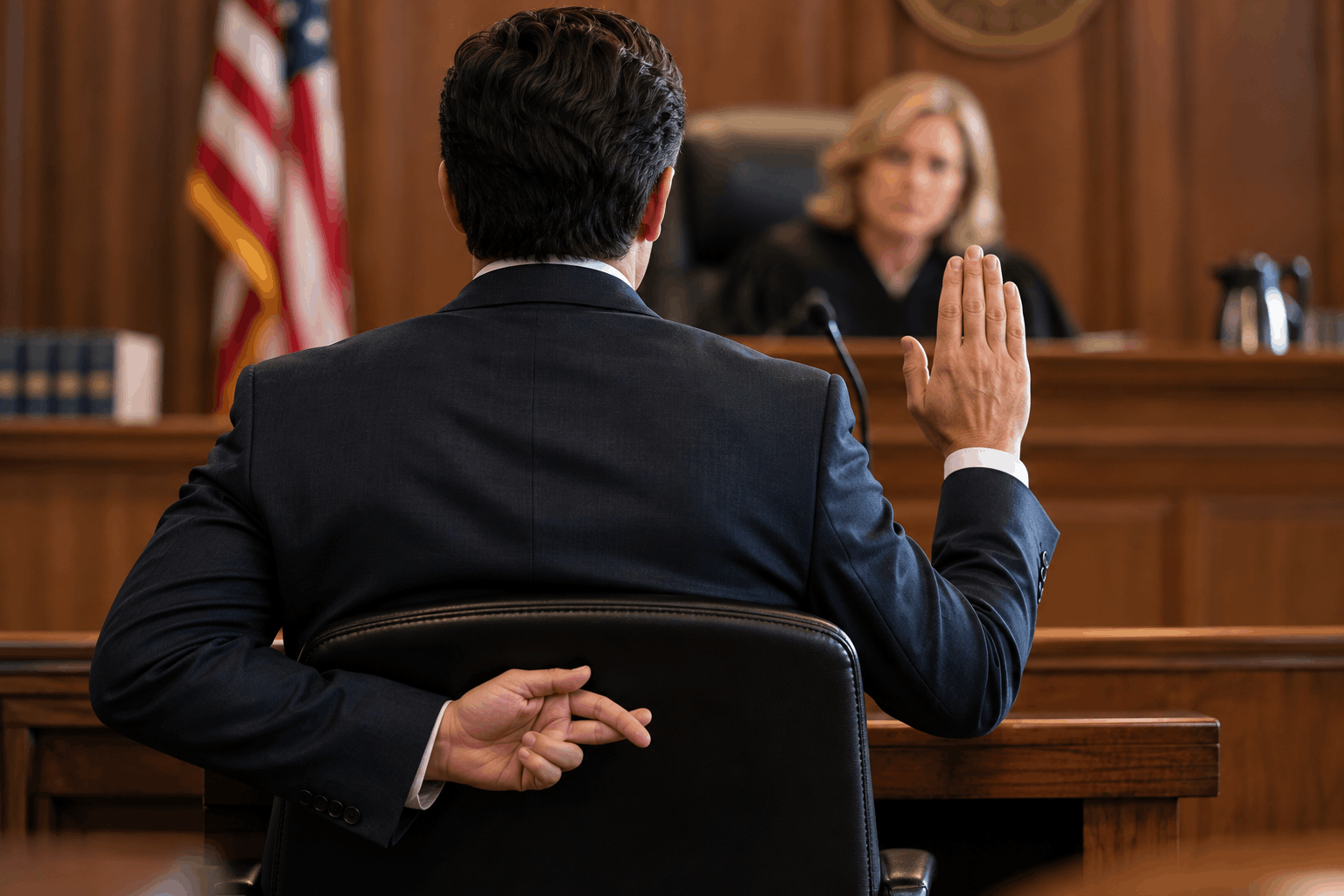 Lying in Court AI image of witness in court swearing to tell the truth with his fingers crossed behind his back. Lying in court.