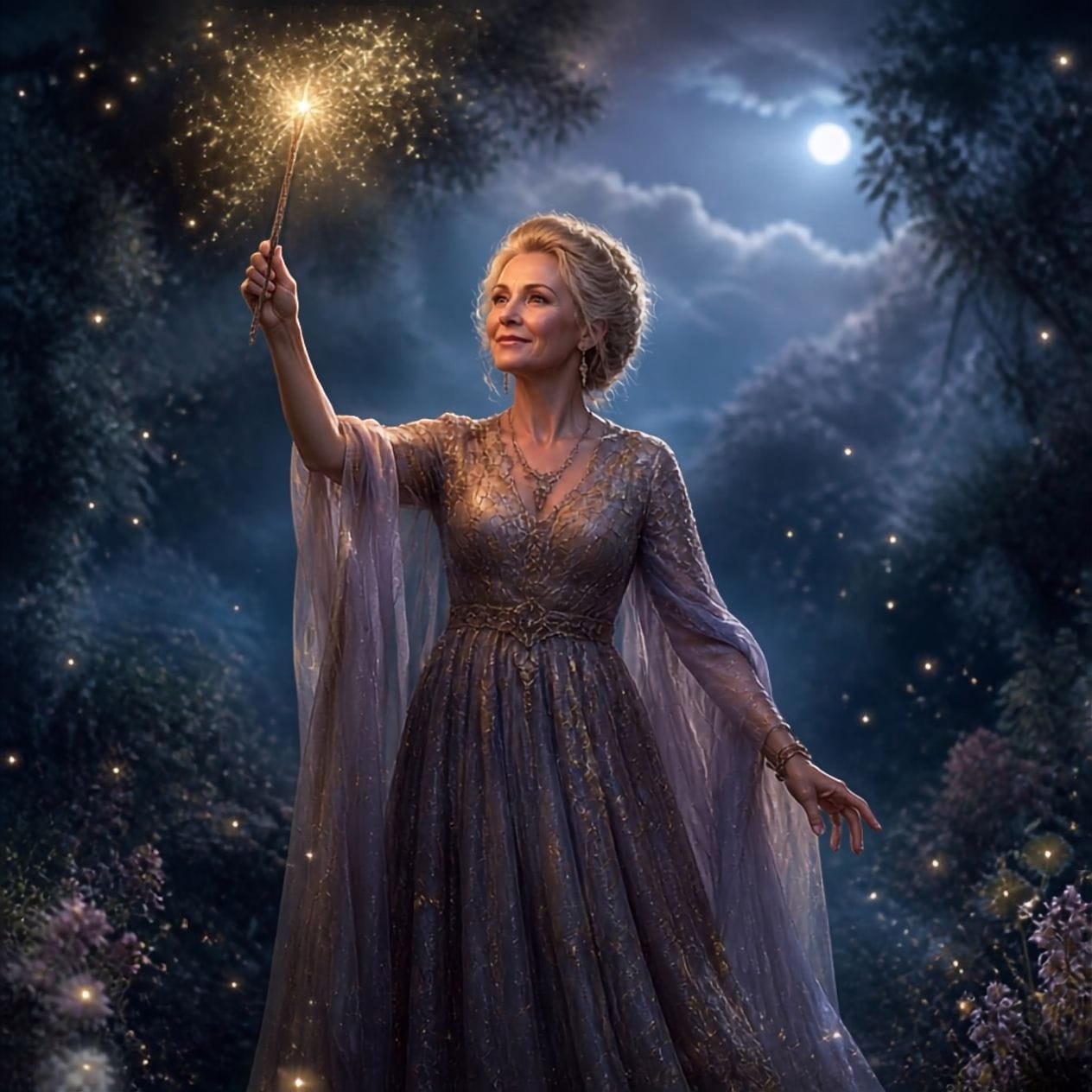 AI generated image of a fairy godmother with a magic wans.