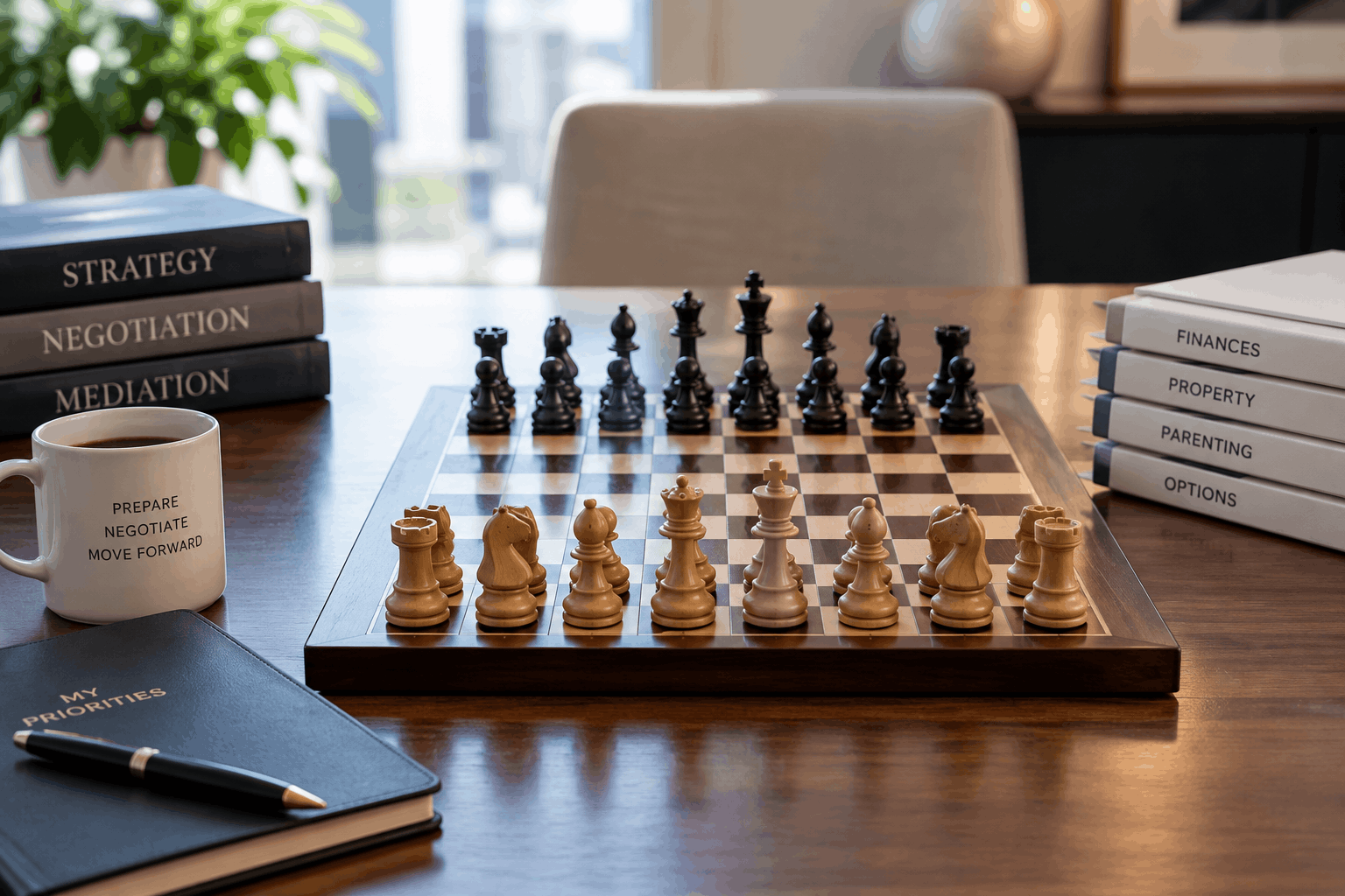 Chessboard with books on negotiation, strategy and mediation. how to prepare for divorce mediation.