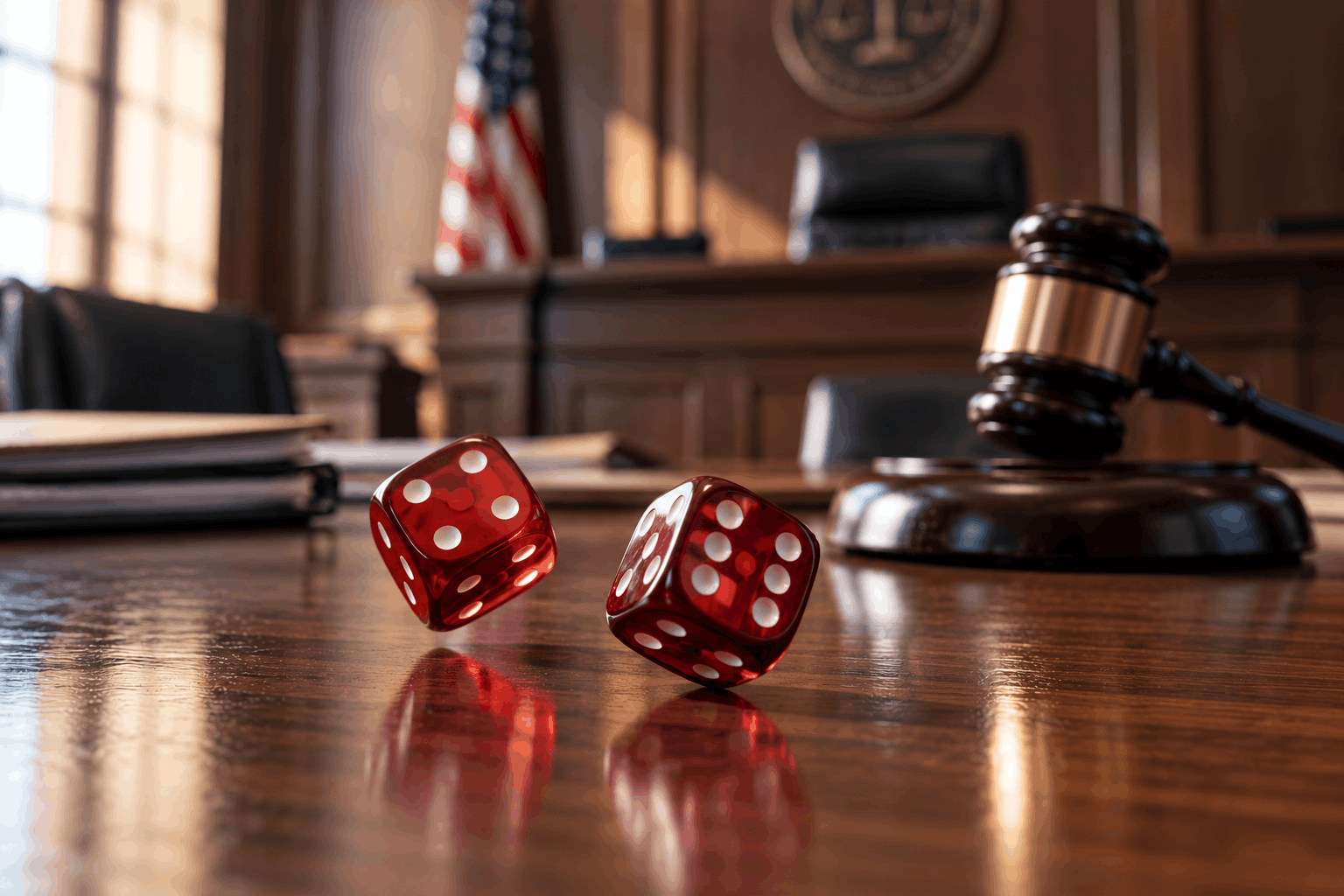 AI image of dice rolling on the table in divorce court.