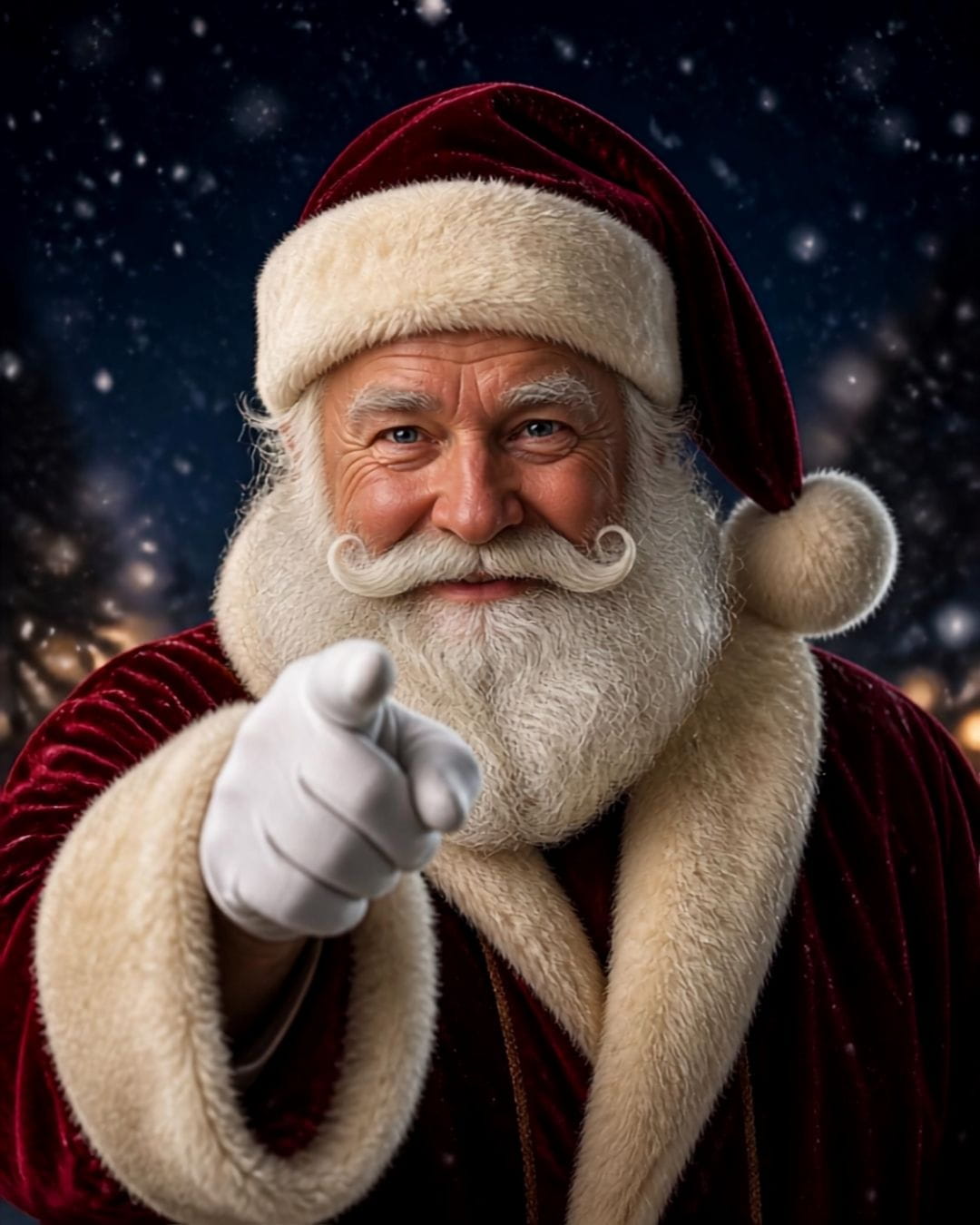 AI image of Santa point at the camera telling you to have a happy Christmas.