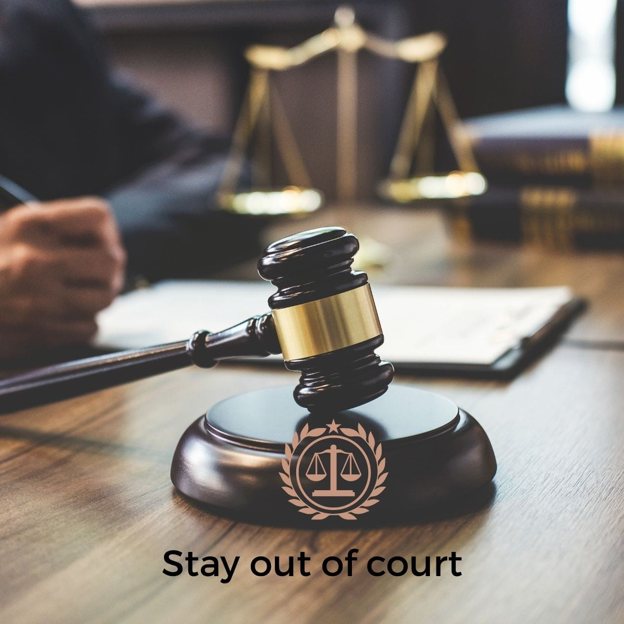 Stay out of court Courtroom scene with the words "Stay out of court."