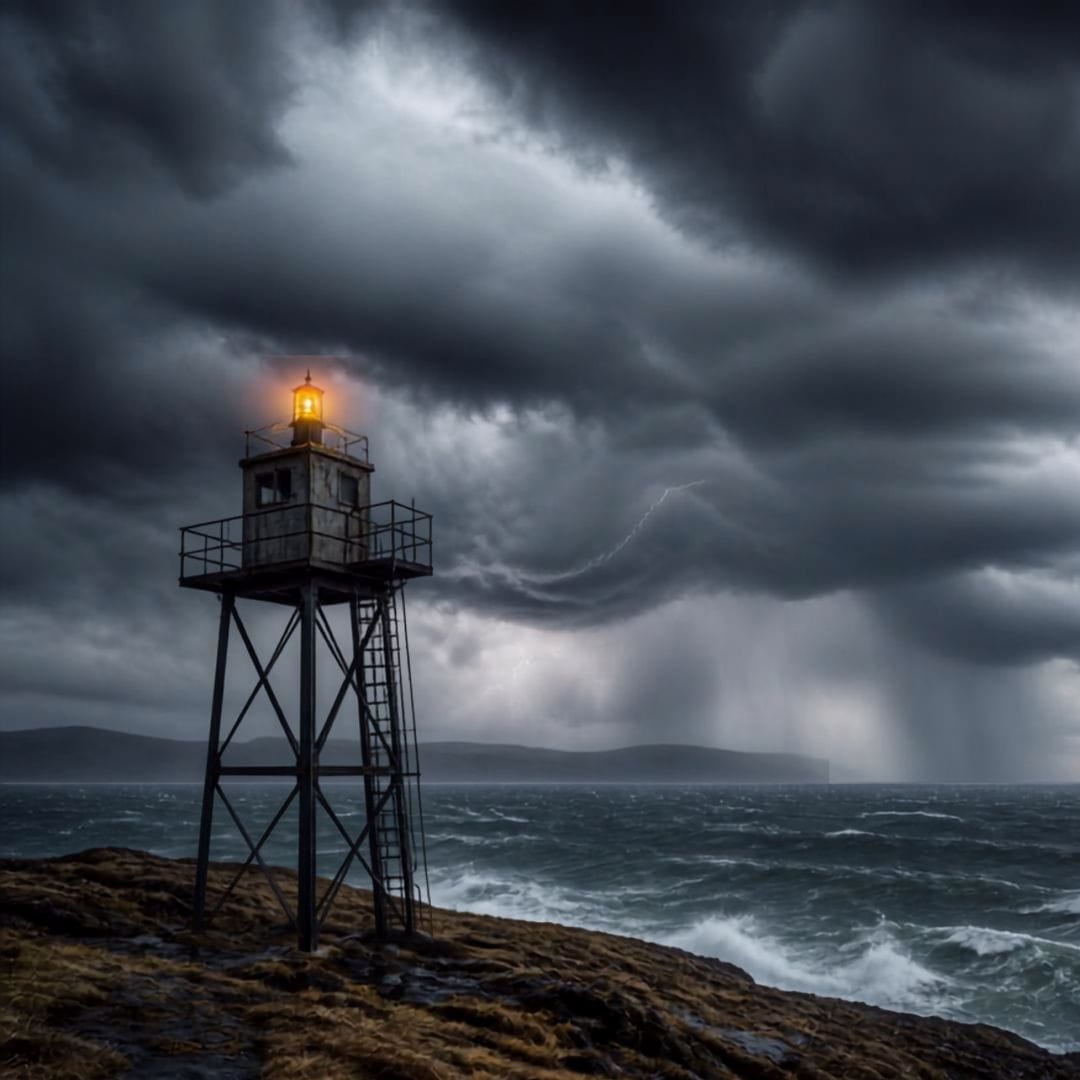 Storm Warning AI imate of a small lighthouse in a storm.