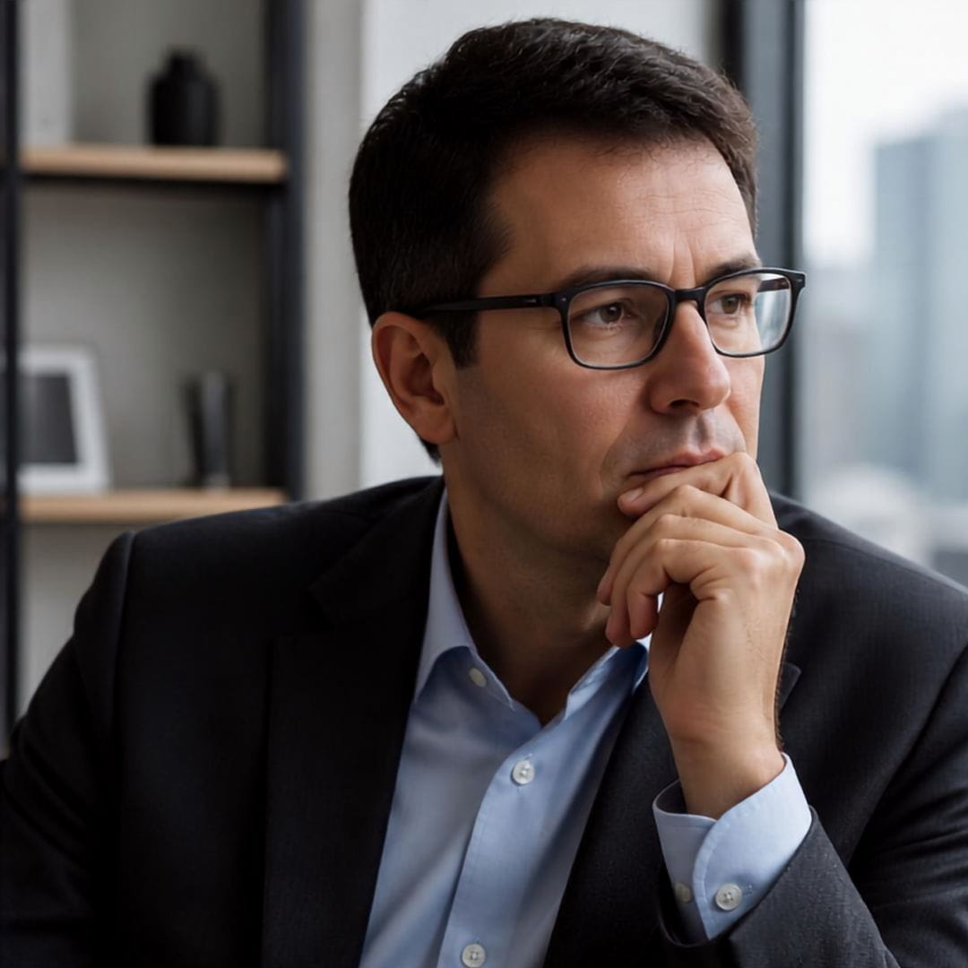 AI image of a handsome contemplative businessman who's thinking of a collaborative divorce.