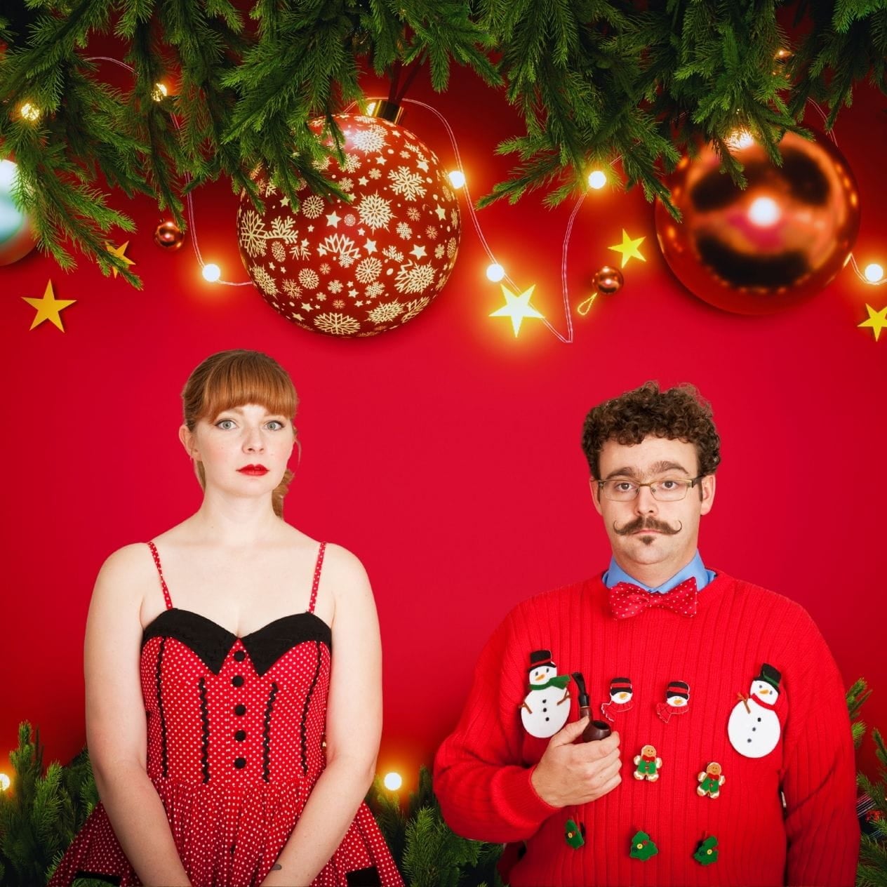 Unhappy Holidays Unhappy couple in holiday attire over a holiday background.