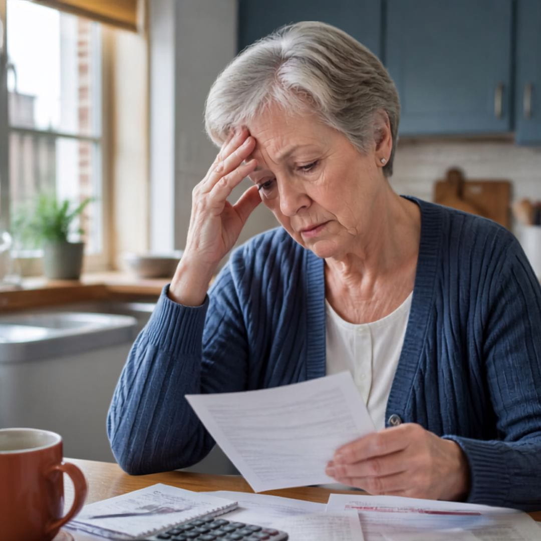 AI image of upset senior woman paying bills.