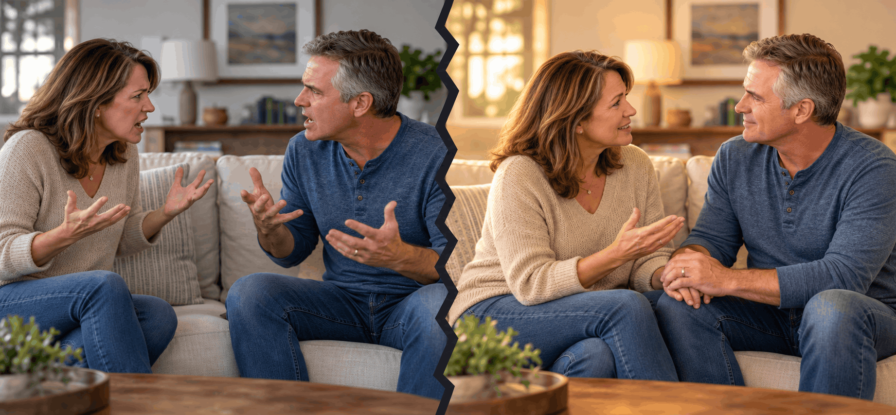 AI split image of a couple having a heated argument on one side, and a connected conversation on the other. They're communicating better for a great marraige.