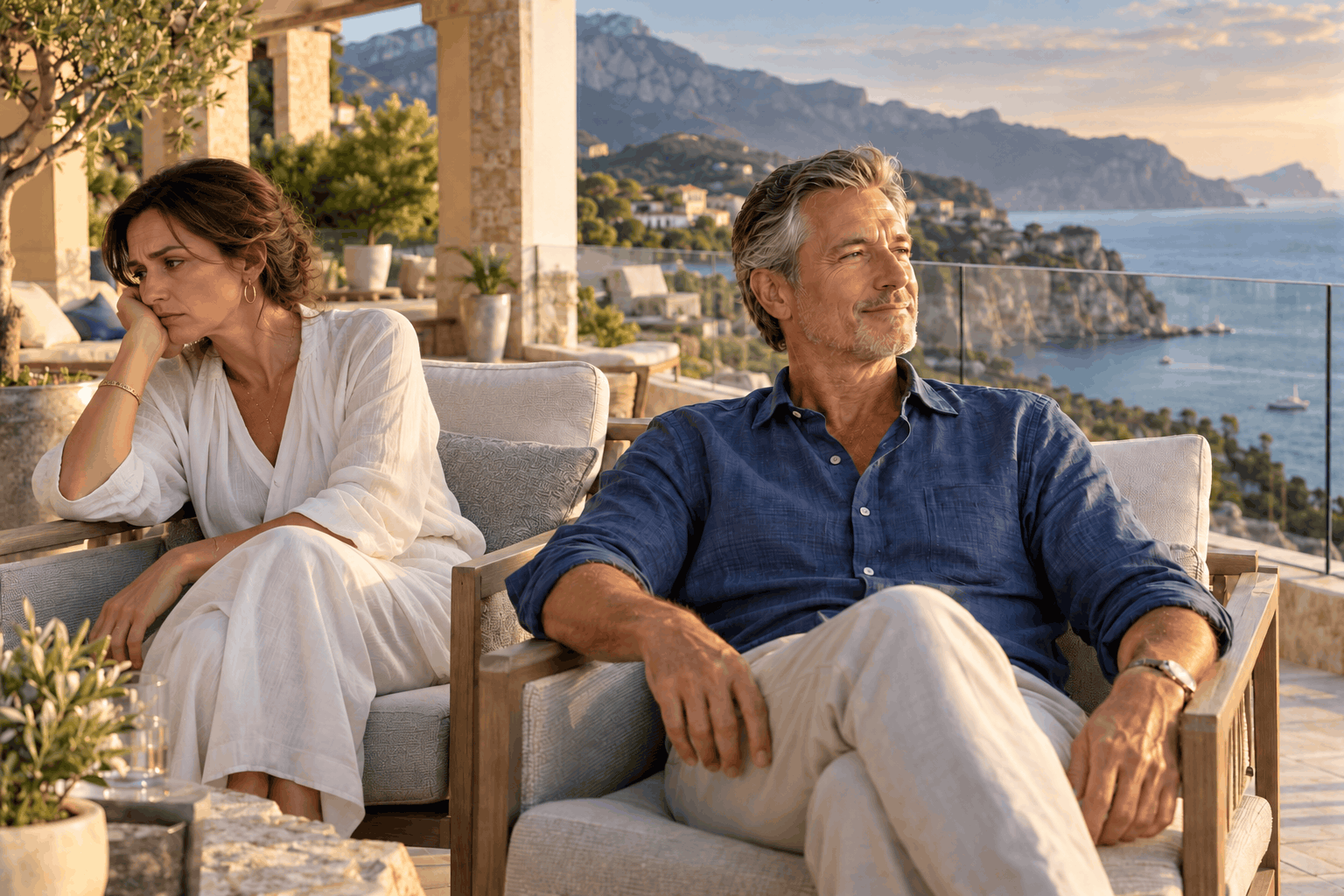 AI image of an unhappy woman and a satisfied man in a wealthy marriage on a terrace looking over the ocean.