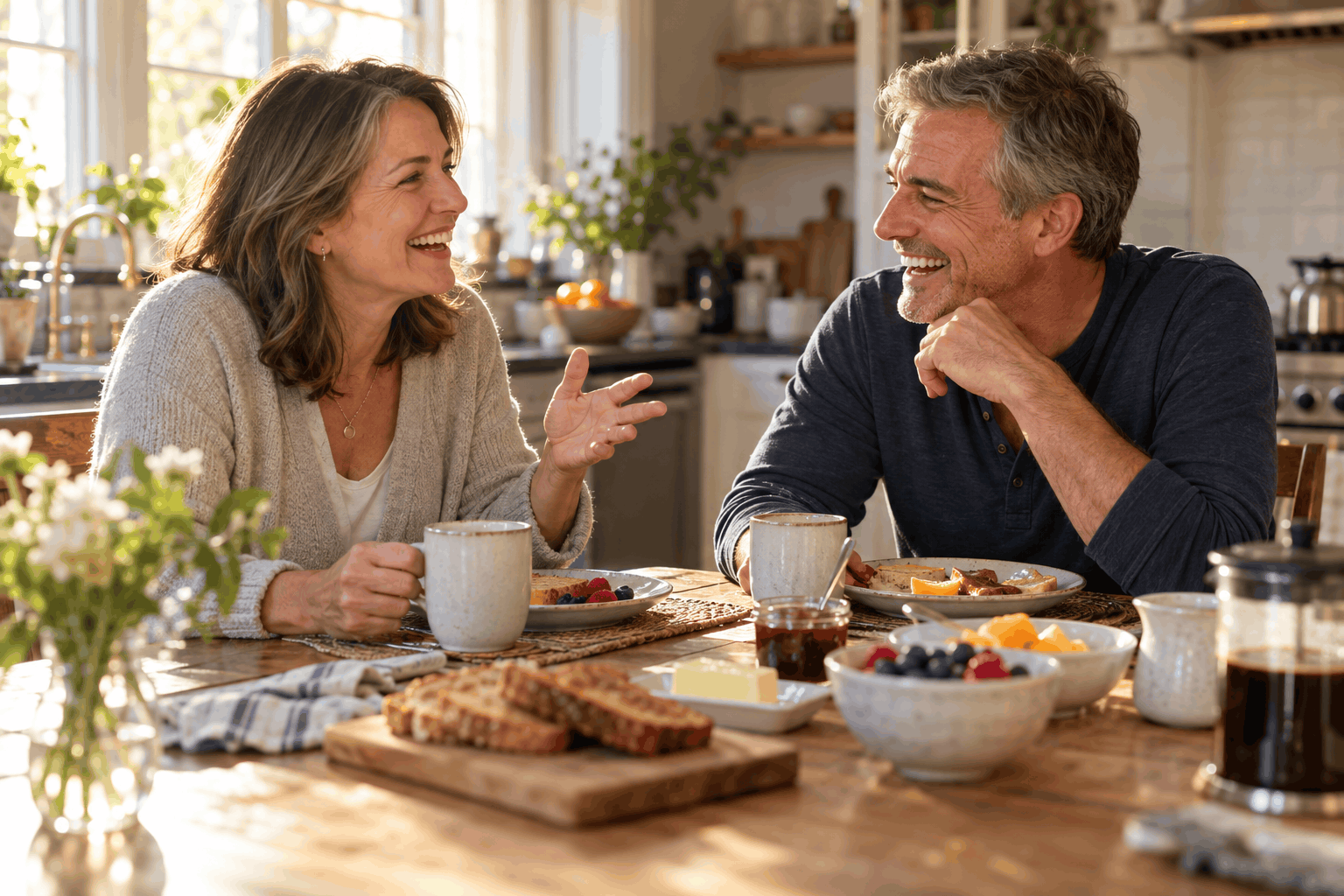 AI image of a middle-aged couple still laughing together in a great marriage.